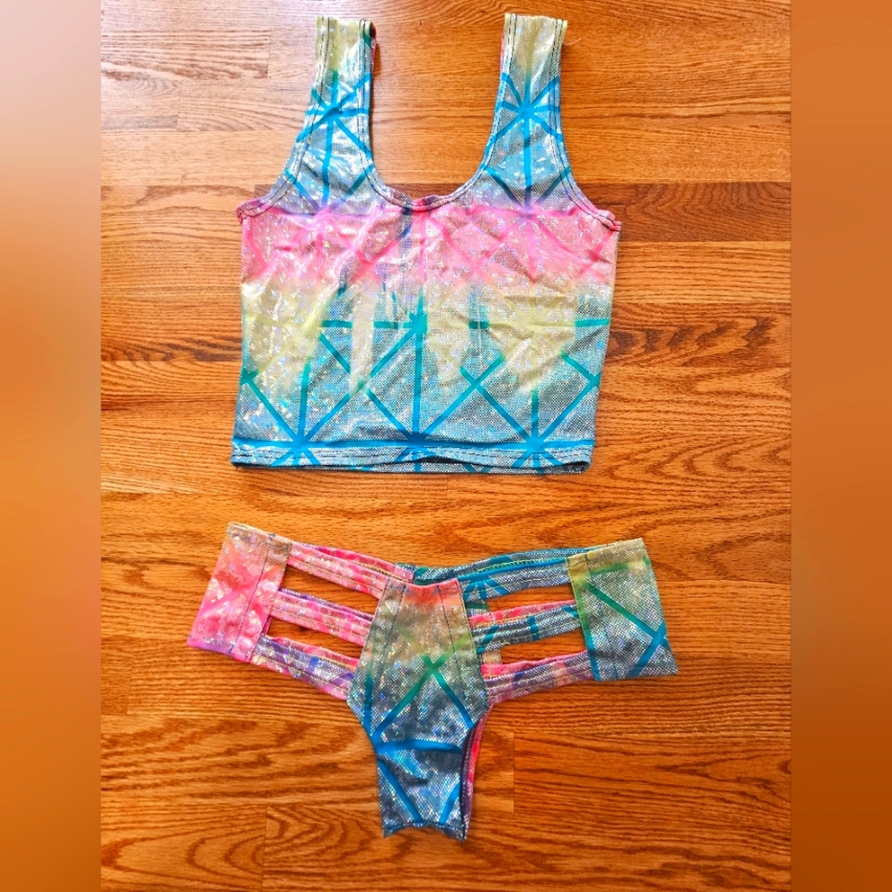 Rainbow hologram 2 piece rave set